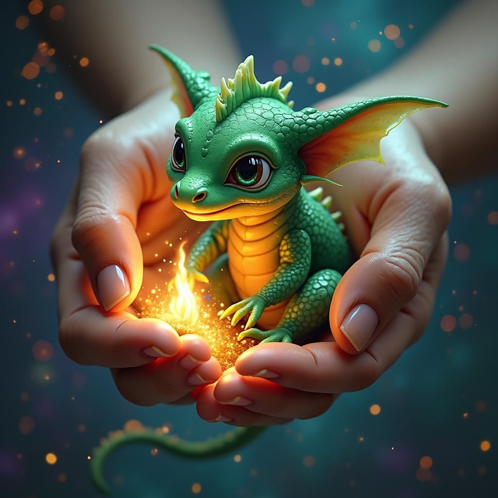 Baby Dragon in Tender Embrace, Flickering Flames and Cosmic...