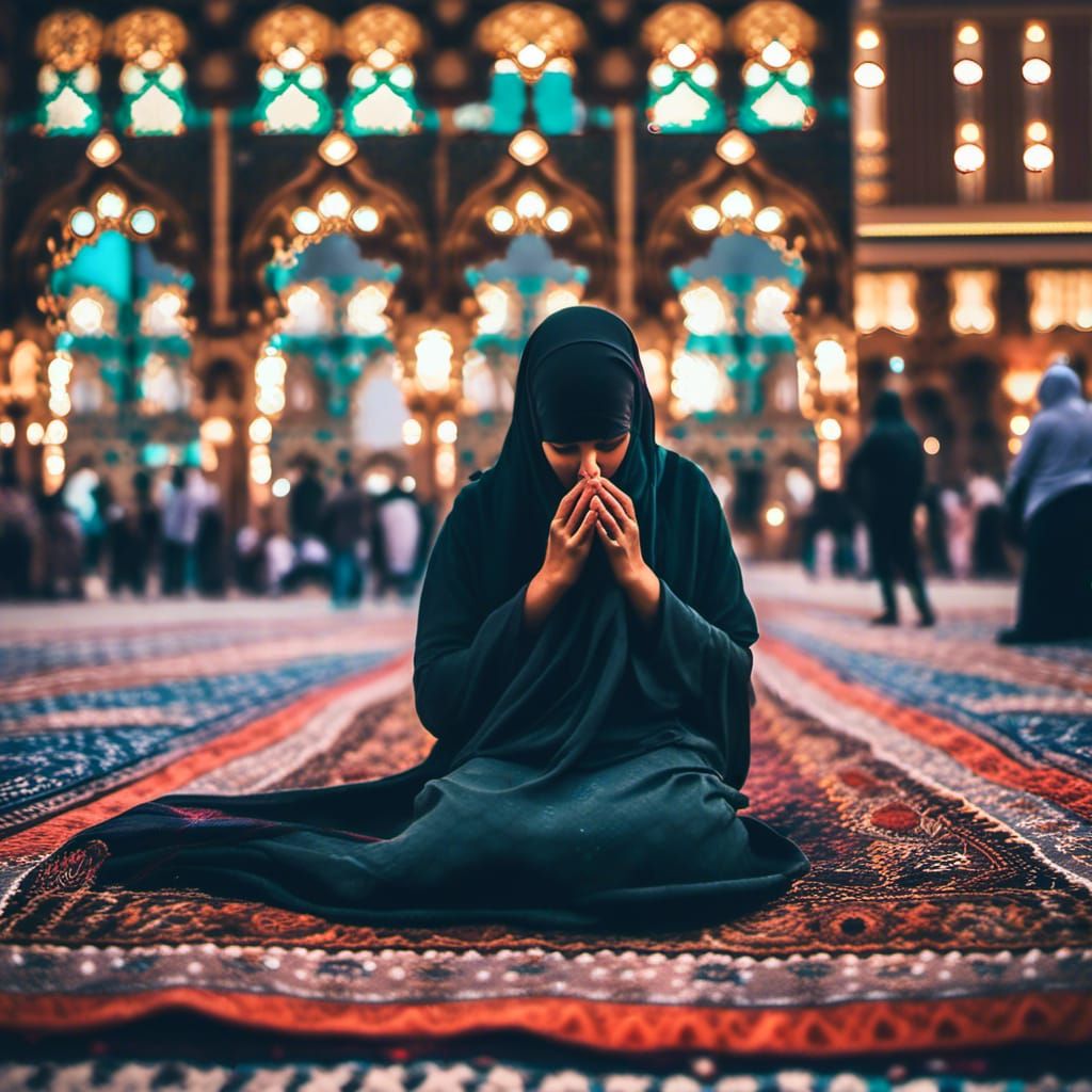 A Muslim Woman Prays in Elegant Harmony with Bustling Madina...