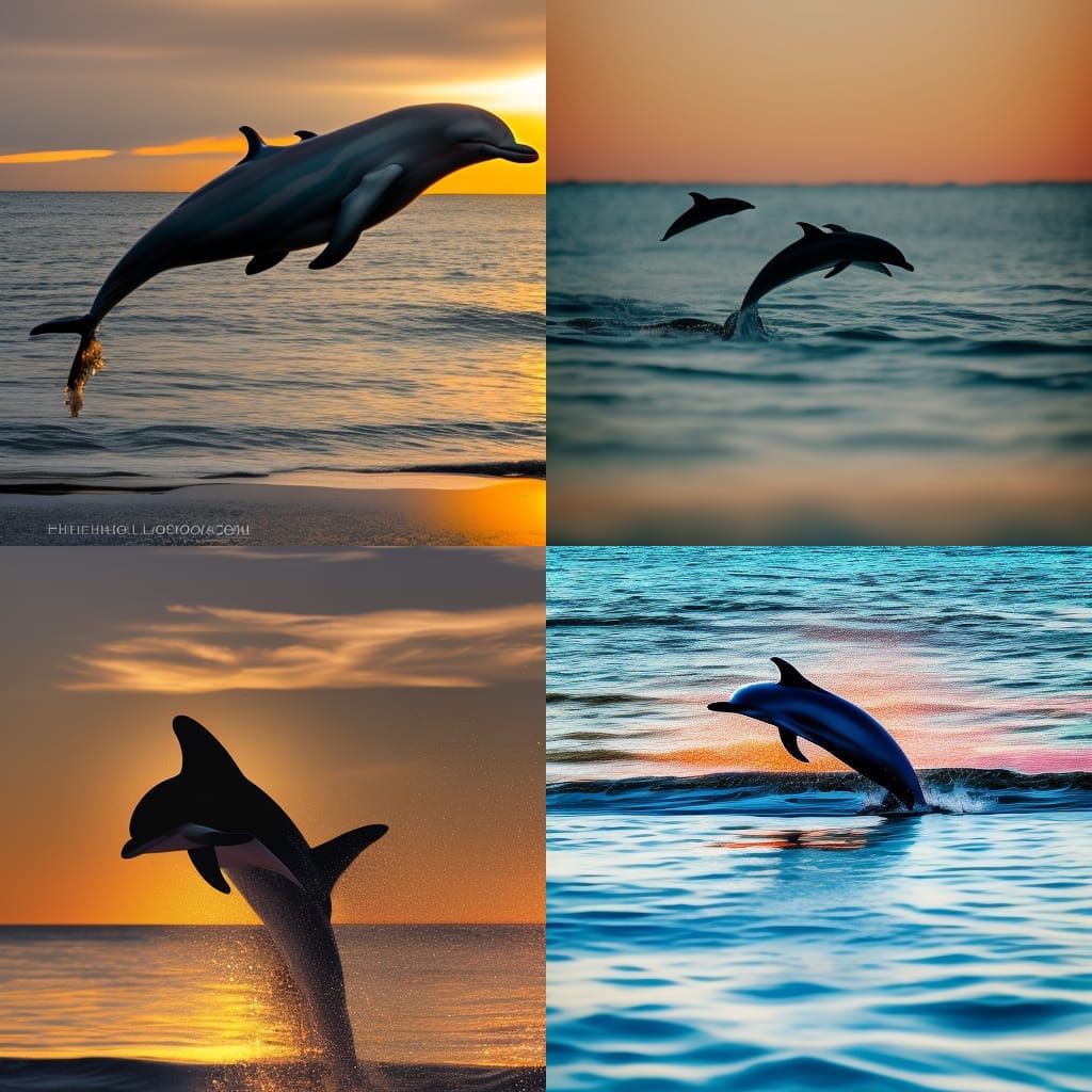 Surreal Sunset Ocean Scene with Dolphins in Professional Pho...