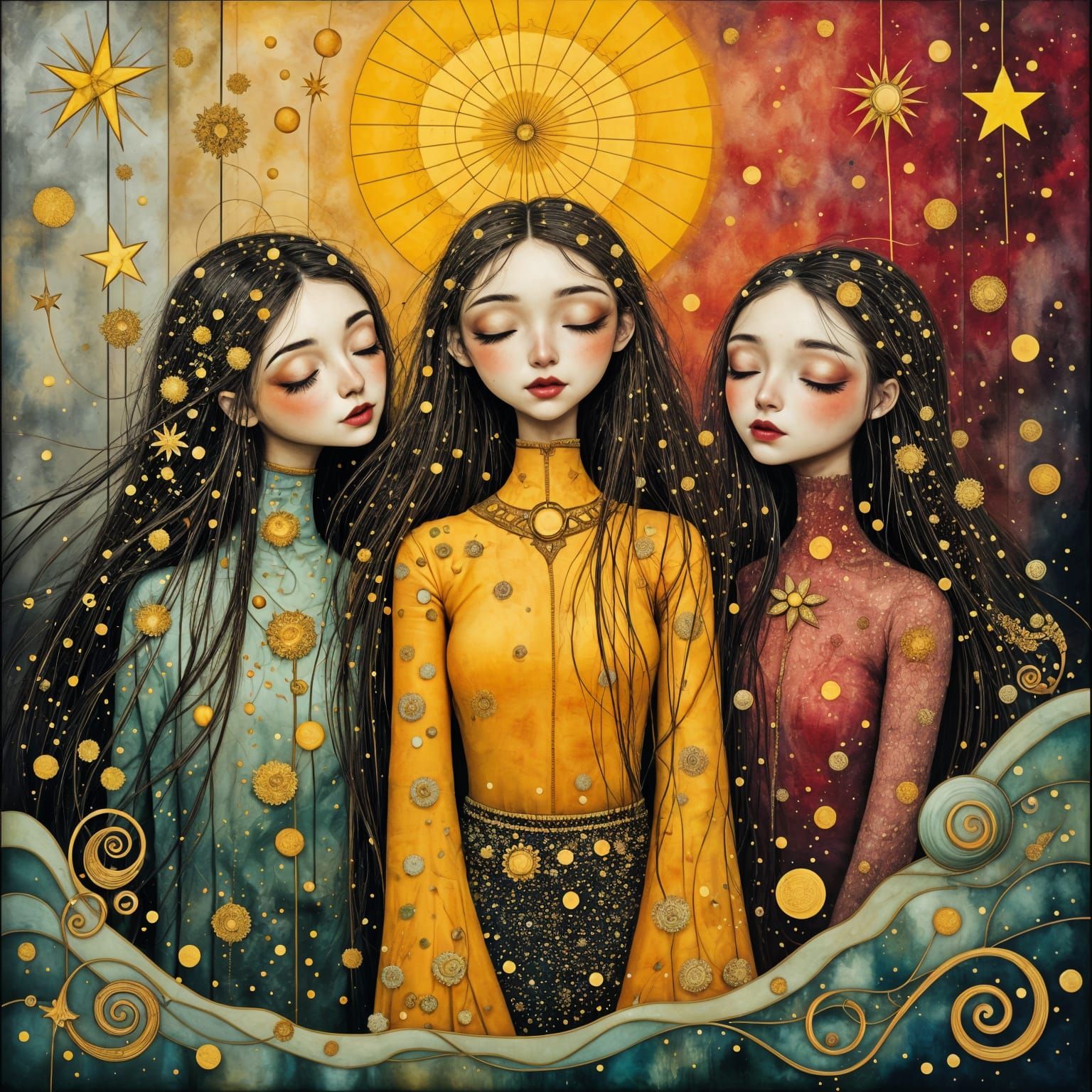 Three Women Portraits with Cosmic Lightning and Panel Backgr...