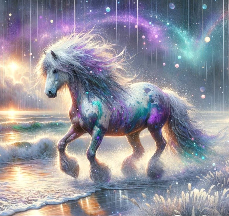 Surreal Equestrian Dawn in Iridescent Hues