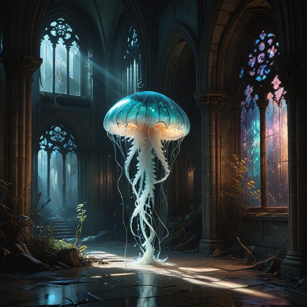 Bioluminescent Jellyfish Drifts Through Gothic Cathedral