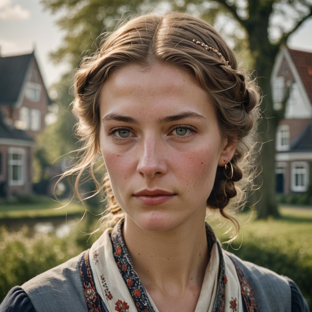 Traditional Dutch Woman in Serene Landscape, 1930s Style Por...