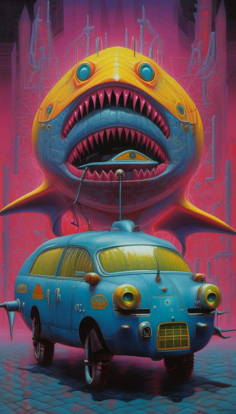 Industrial Macabra Cyberpunk Robot Shark Police Car Hybrid