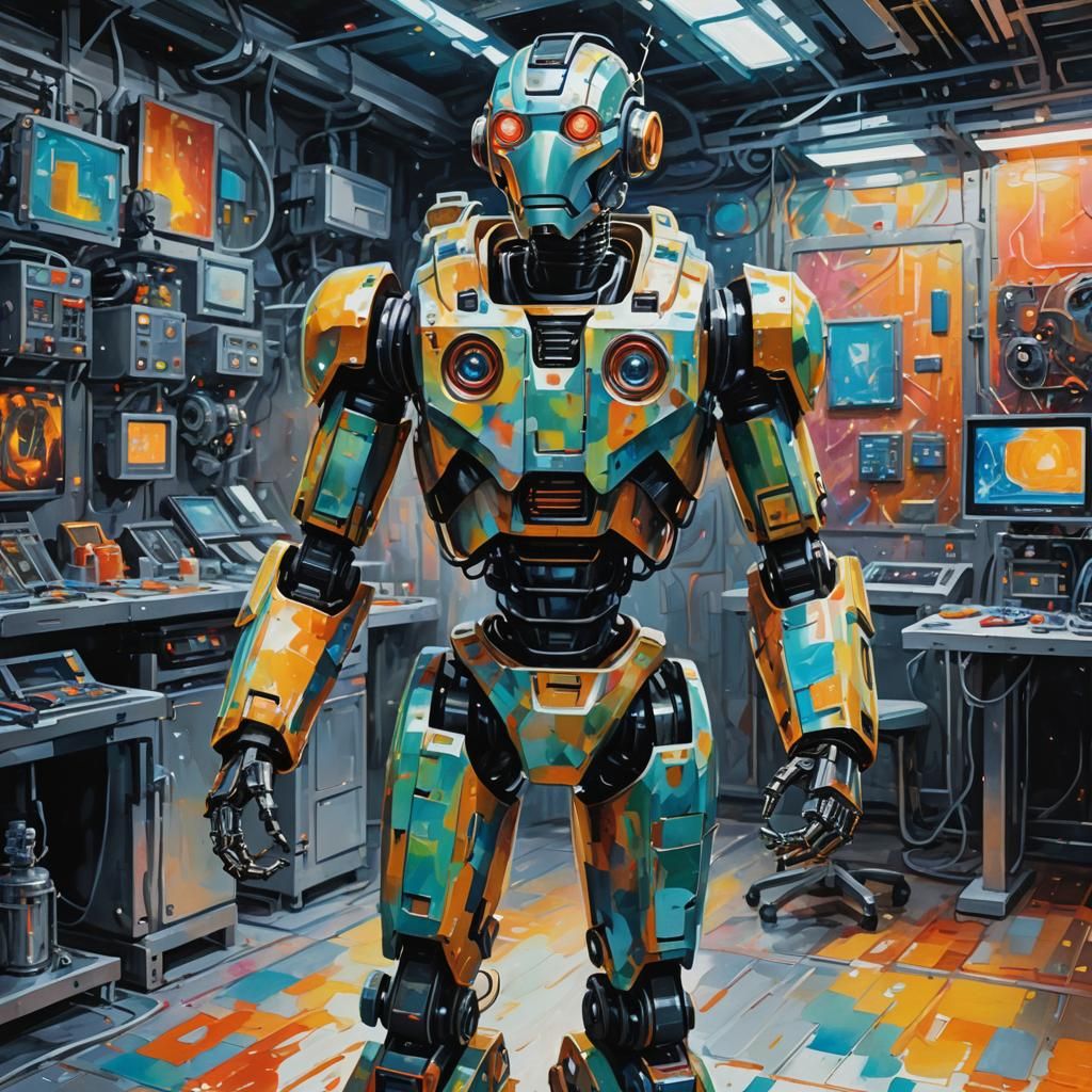 Gouache Masterpiece of AI Robot in Futuristic Lab