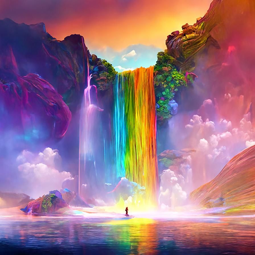 Surreal Rainbow Waterfall in a Vibrant, Enchanted Landscape