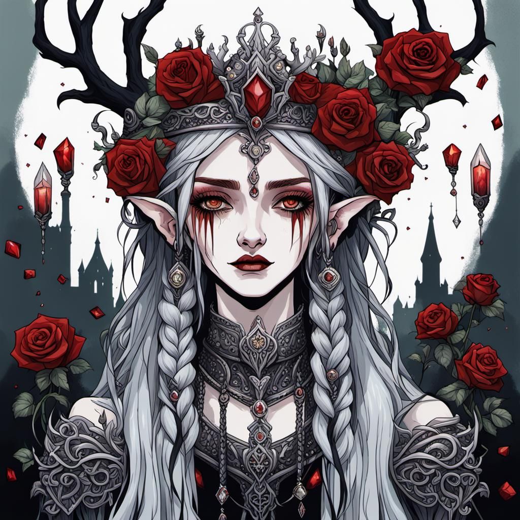 Gothic Elf Queen in Dark Fantasy Comic Style
