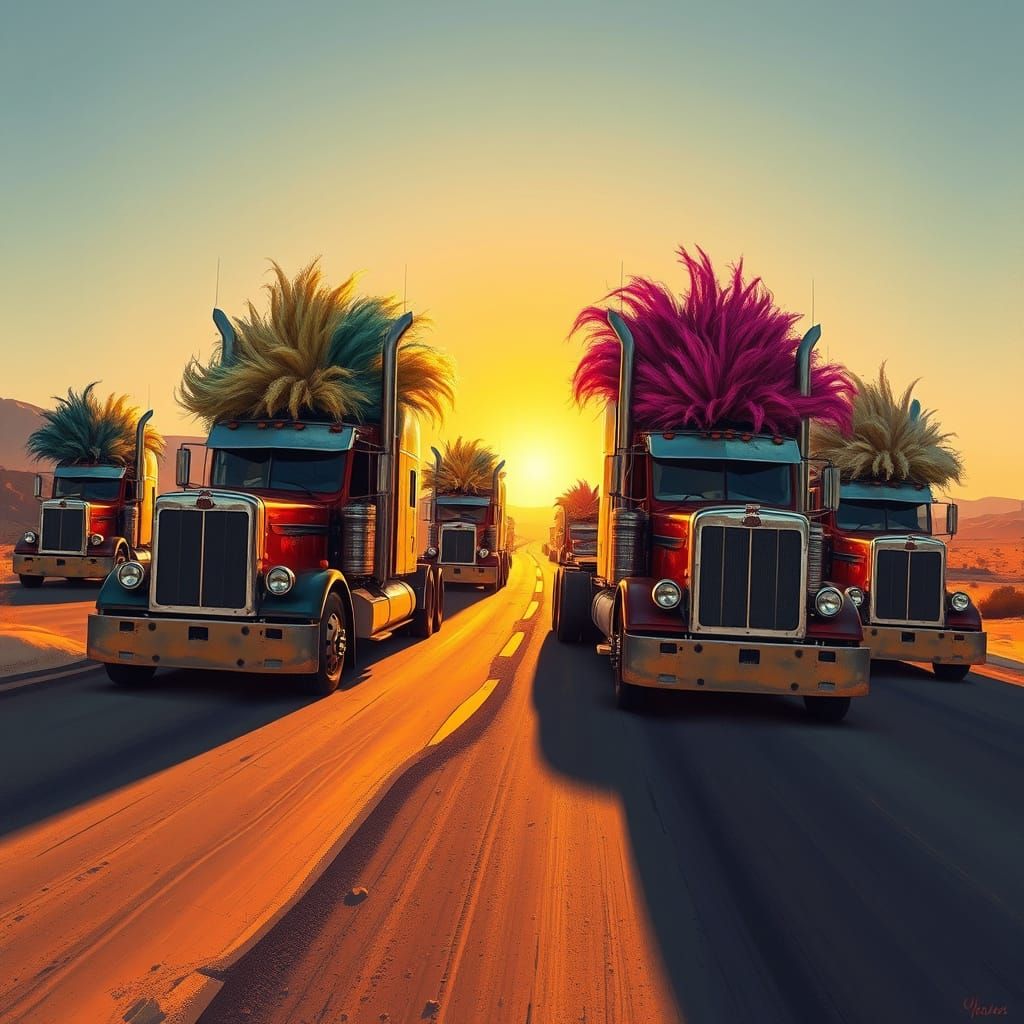 Whimsical Wigs on Vintage Semi Trucks Desert Highway