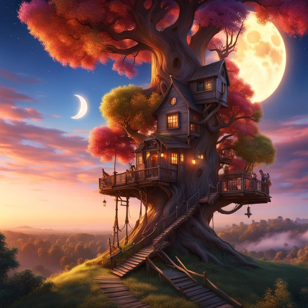 Fantastical Tree House Amidst Rolling Hills at Dusk