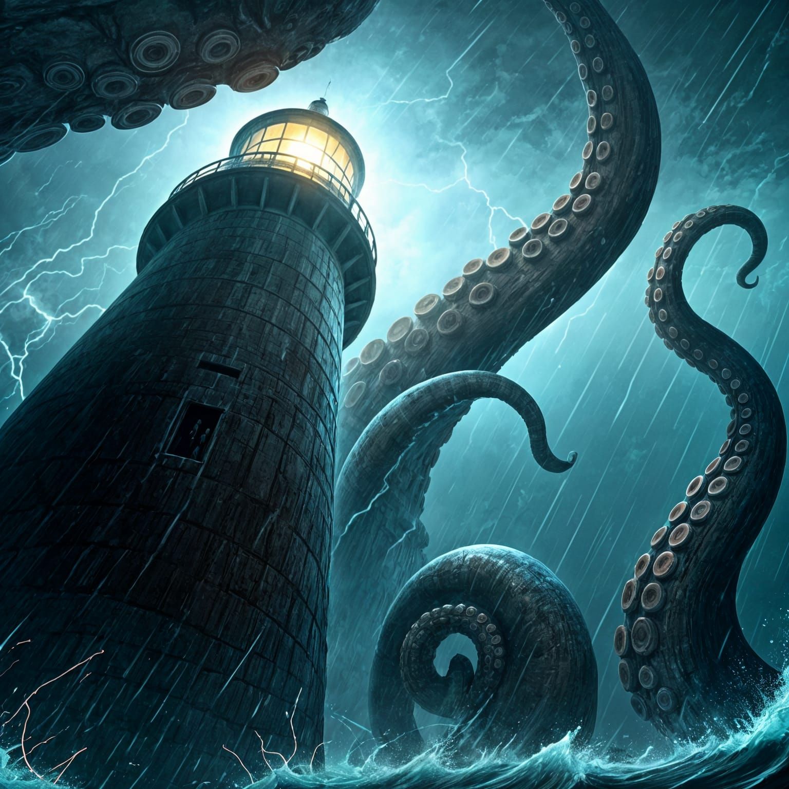 Kraken Attacks Lighthouse in Stormy Seas