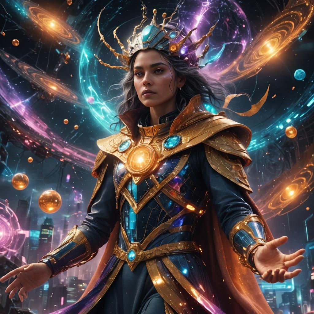 Alien Sorceress Walks Futuristic City with Floating Skyscrap...