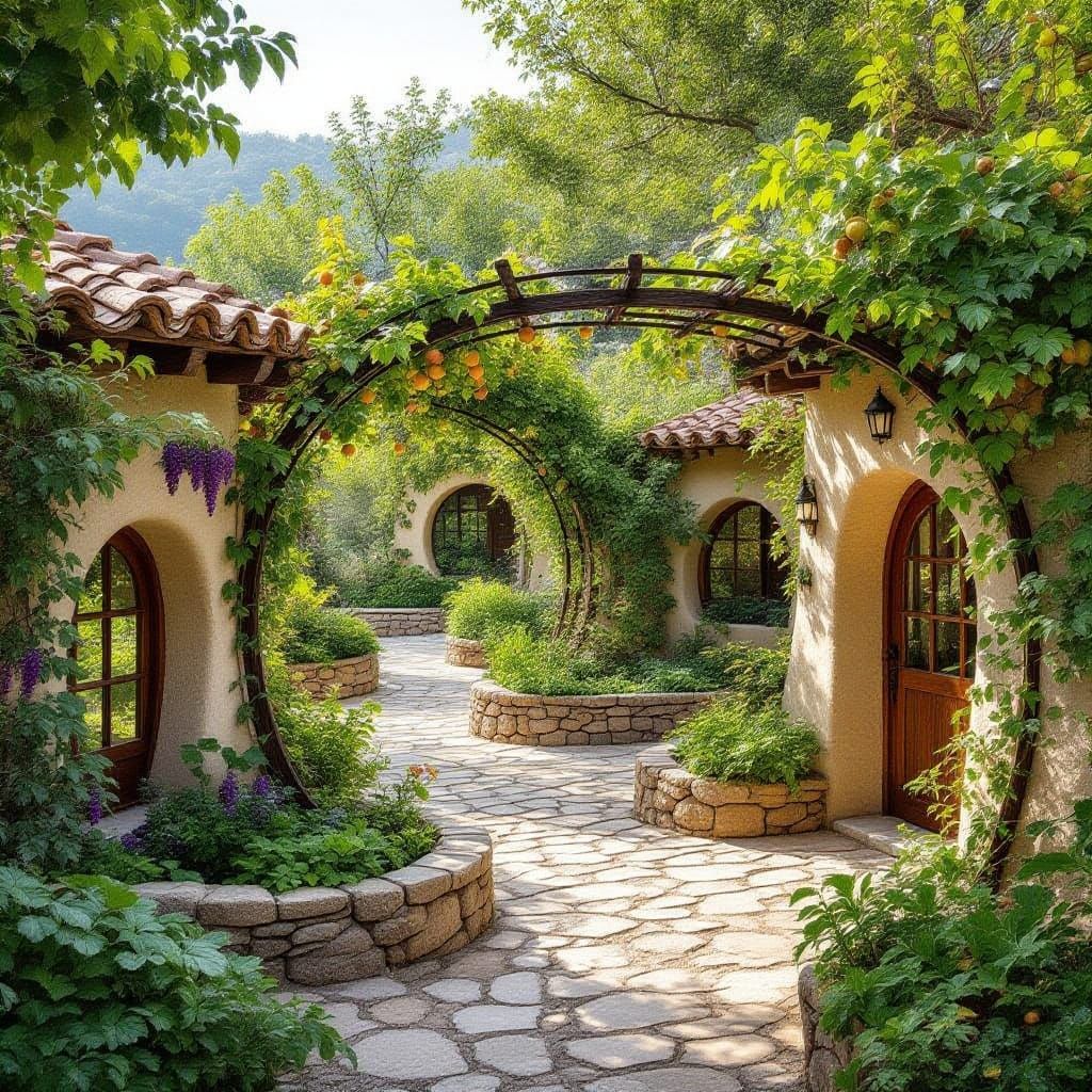 Cob Garden Oasis with Granite Accents and Fruitful Vines