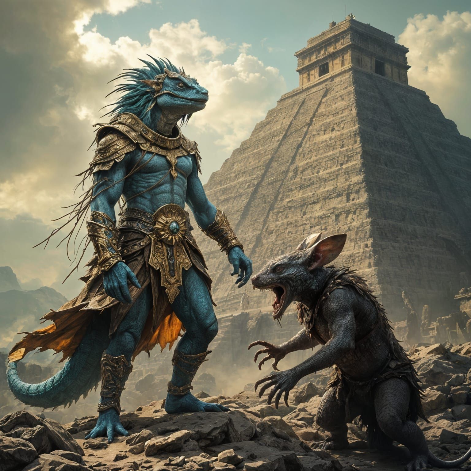 Lizard-Man Warrior's Grim Sacrifice on Aztec Pyramid