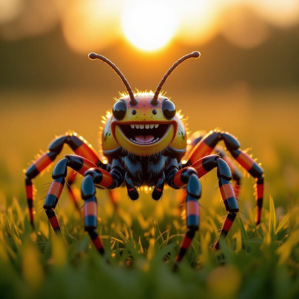 Joyful Multi-Legged Creature in Sun-Dappled Meadow