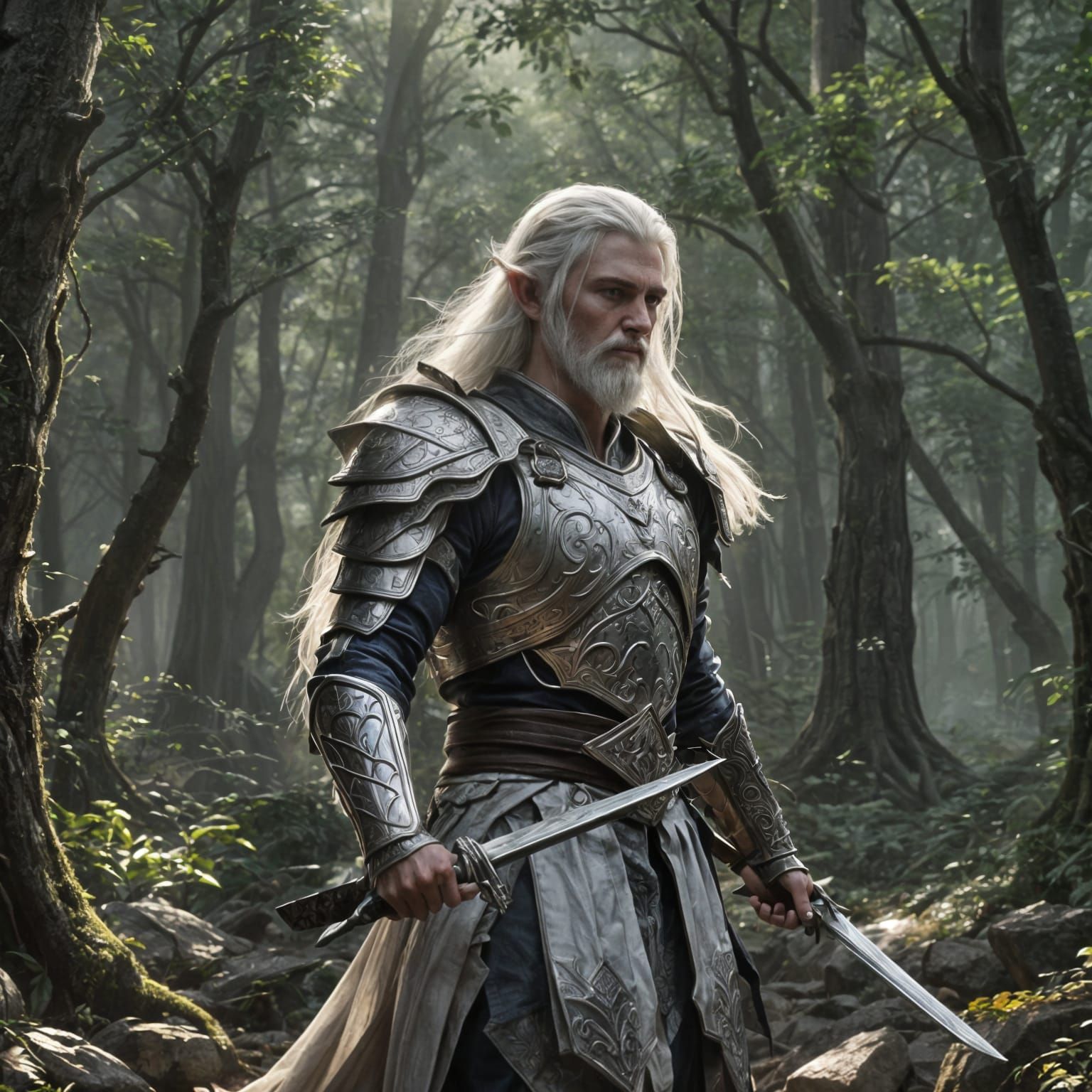 Epic Elven Warrior in Silver Scale Mail Armor with Glowing K...