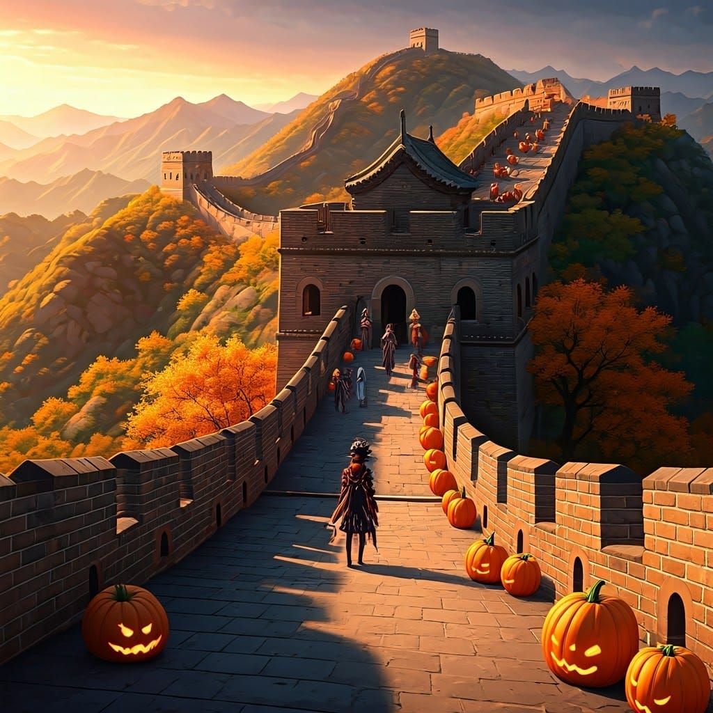 Surreal Great Wall of China in Autumnal Splendor with Hallow...