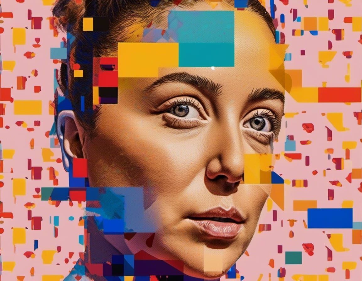 Vibrant Pop Art Portrait with Overlapping Errors and Geometr...