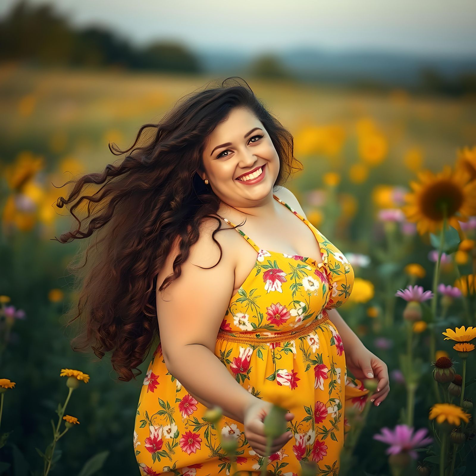 Chubby Woman Dancing in a Vibrant Floral Field