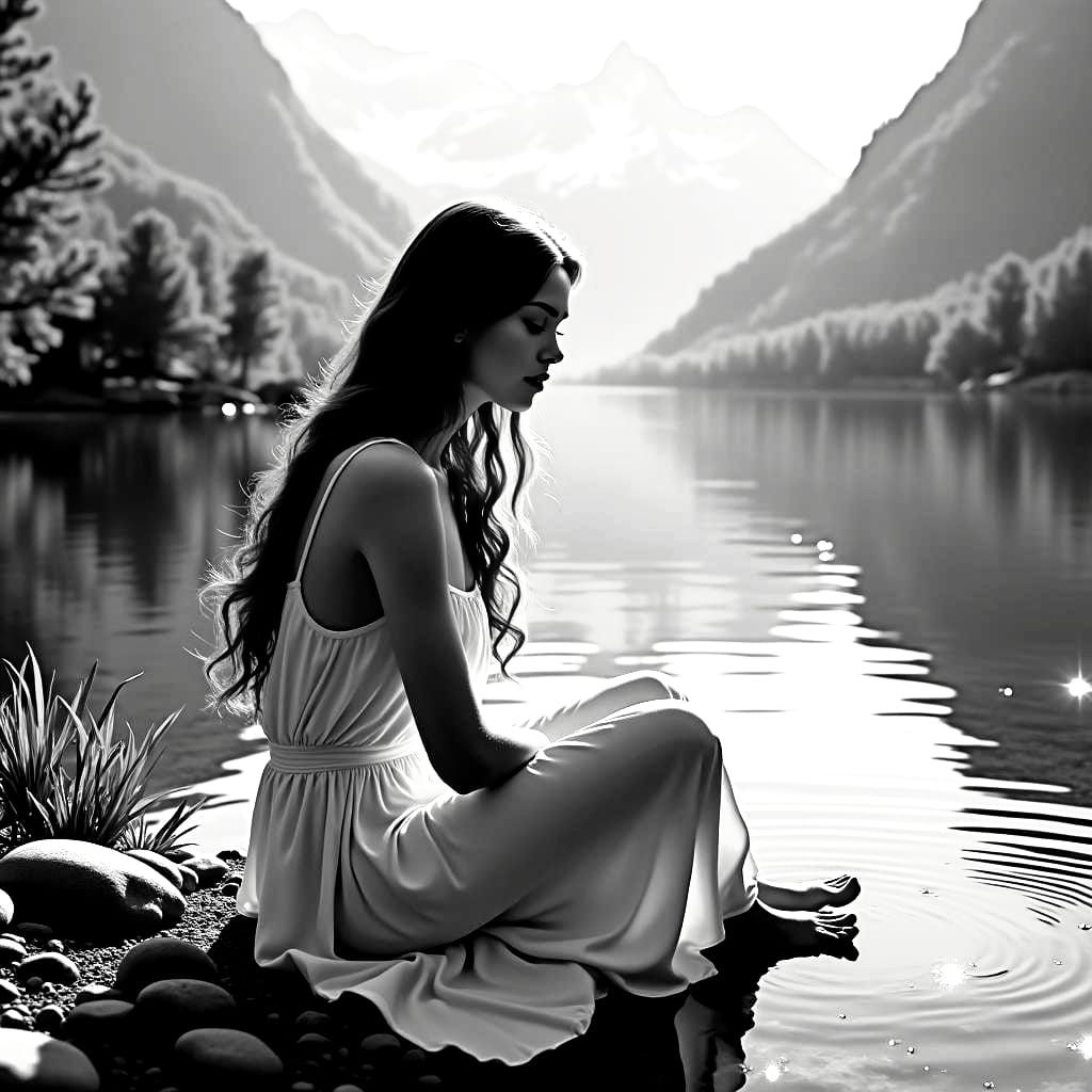 Serene Young Woman by Tranquil Lake in Art Nouveau Style