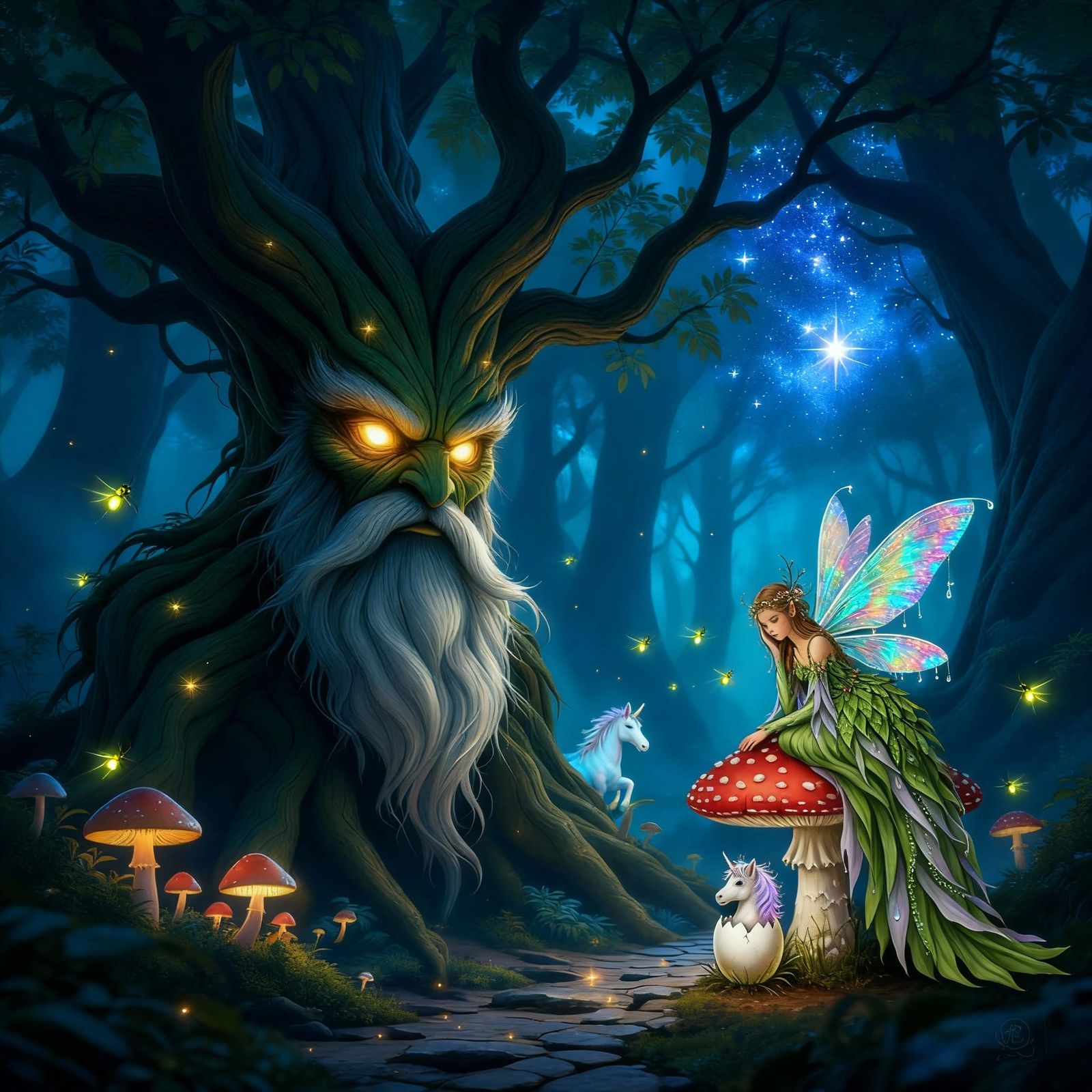 Fairy on Toadstool with Hatching Unicorn