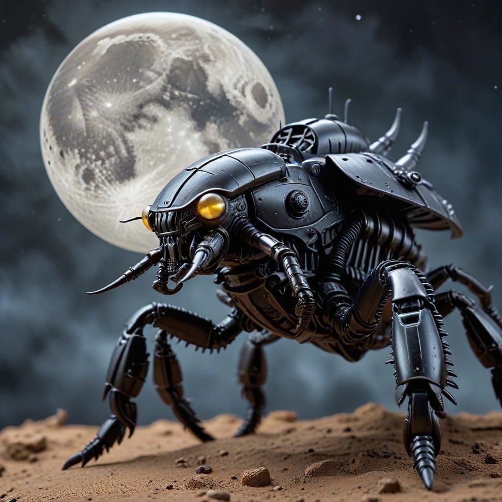 Dieselpunk Scorpion Macro Photograph Under the Moon