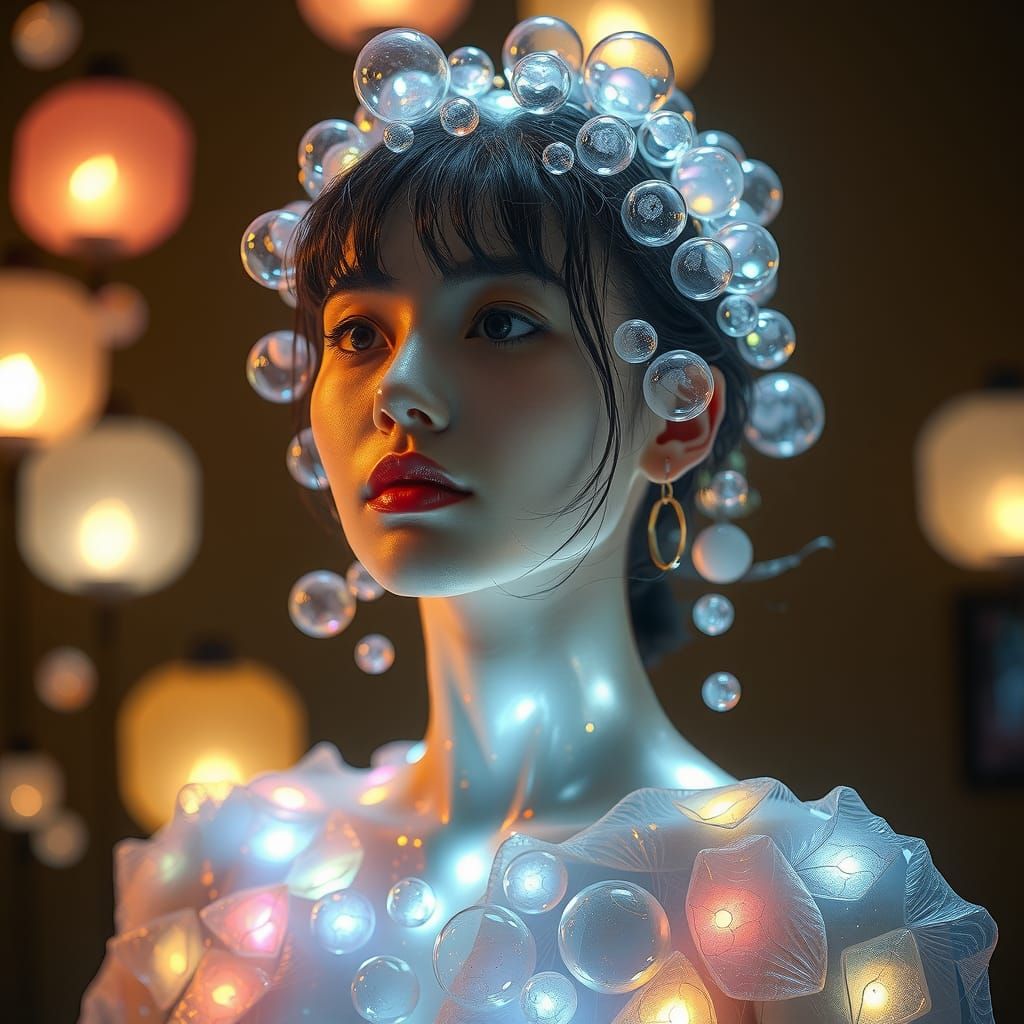 Dreamlike Woman Made of Glowing Iridescent Bubbles