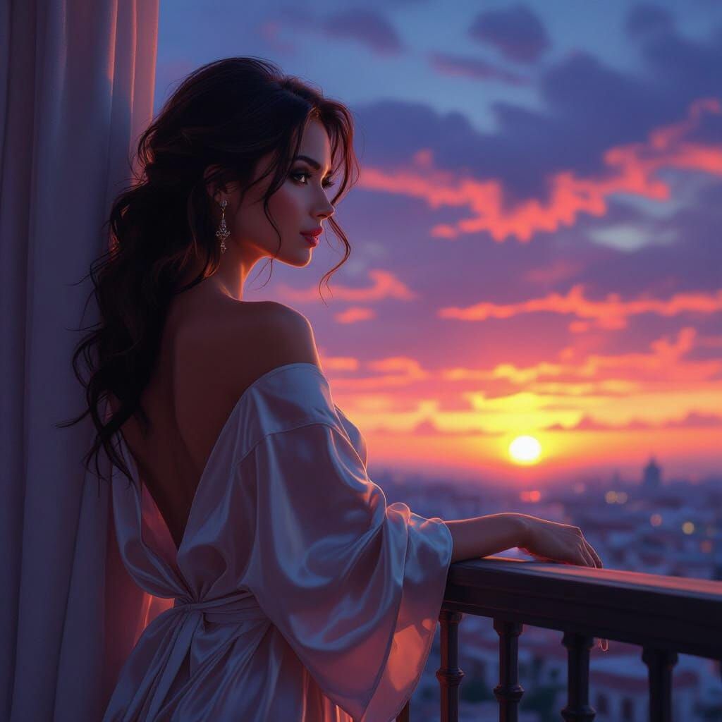 Woman in Silk Robe Watching Sunset, Hyperrealistic Matte Pai...