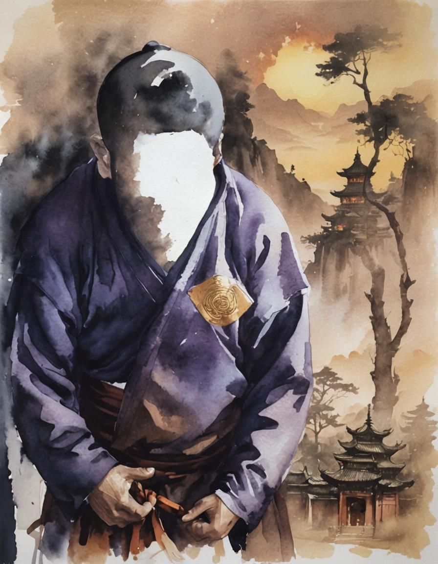 Misty Shaolin Temple Landscape, Oil Painting in Warm Tones