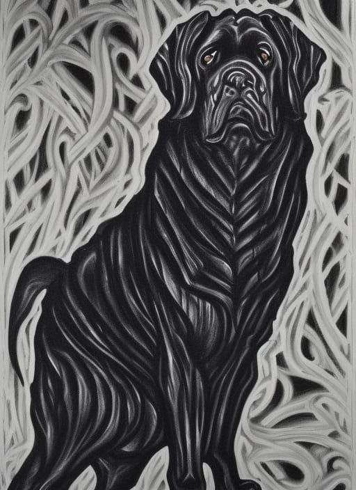 Gothic Black Dog in Ominous Oil Painting