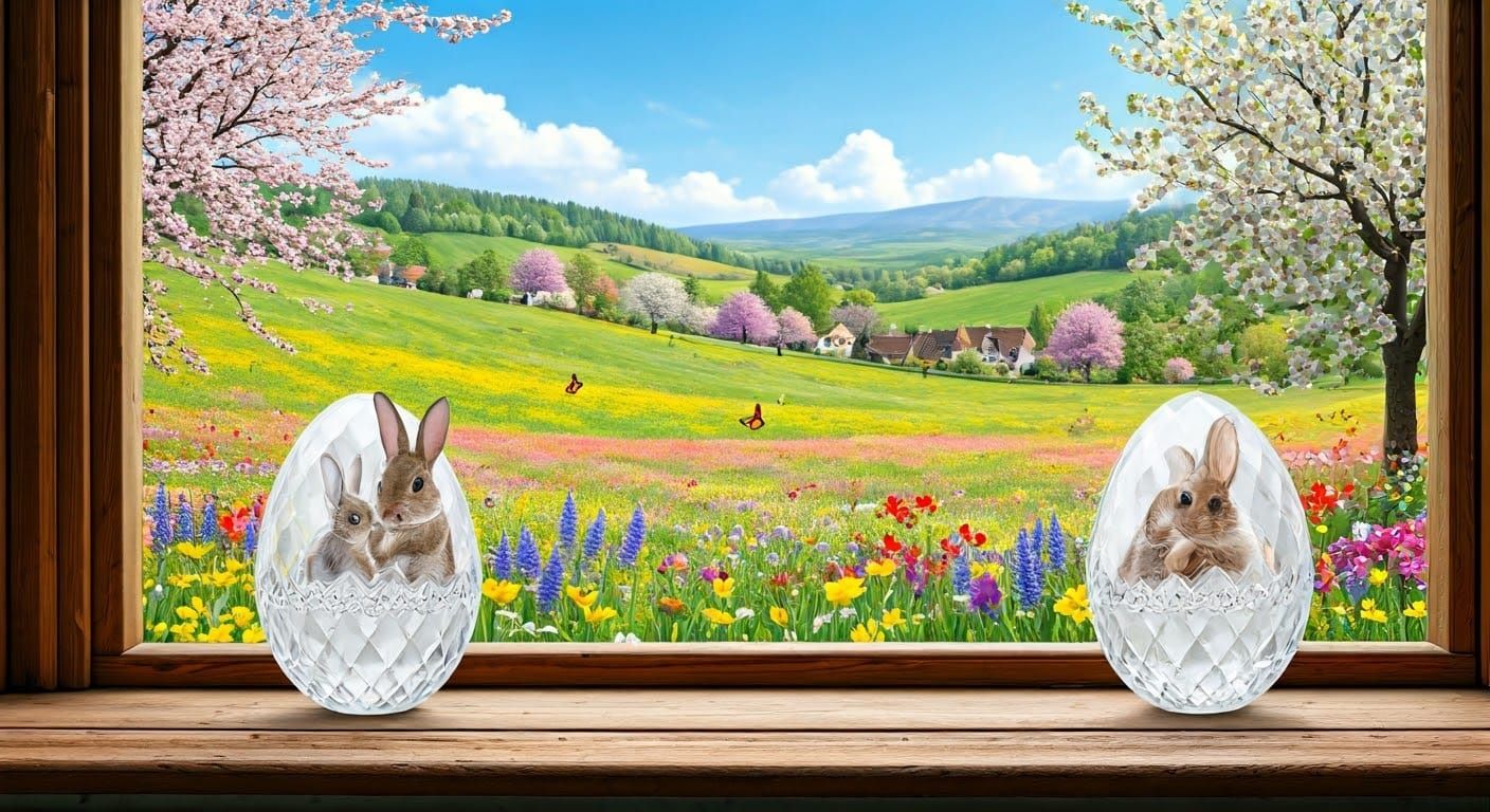 Springtime Scene with Crystal Eggs and Baby Bunnies in a Whi...