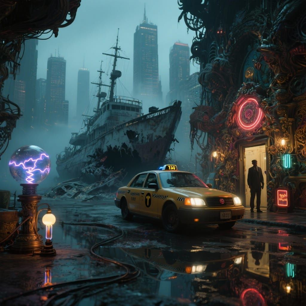 Dystopian Taxi Scene with Neon Accents