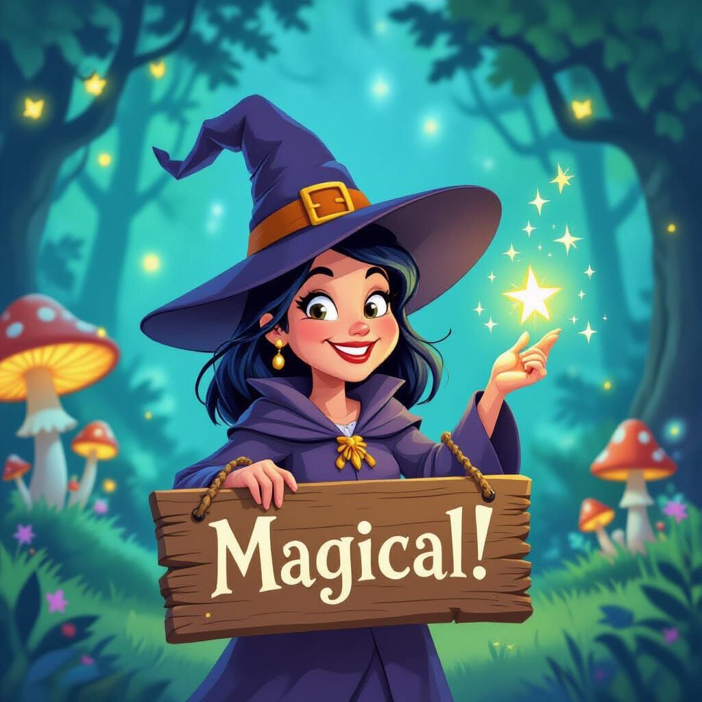 Whimsical Witch Casting Magic in Enchanted Forest
