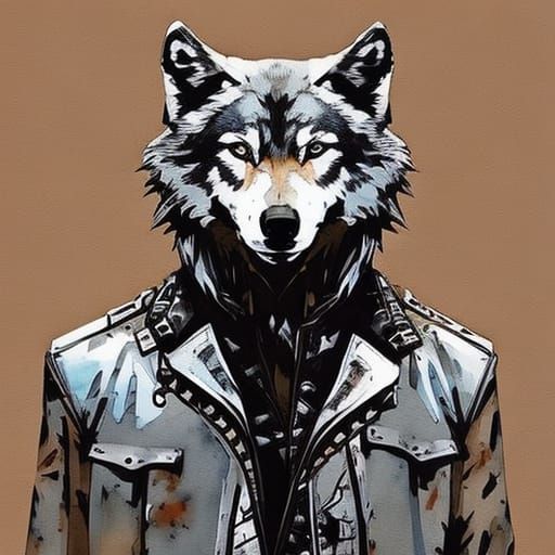 Elegantly Dressed Anthropomorphic Wolf in Leather Jacket