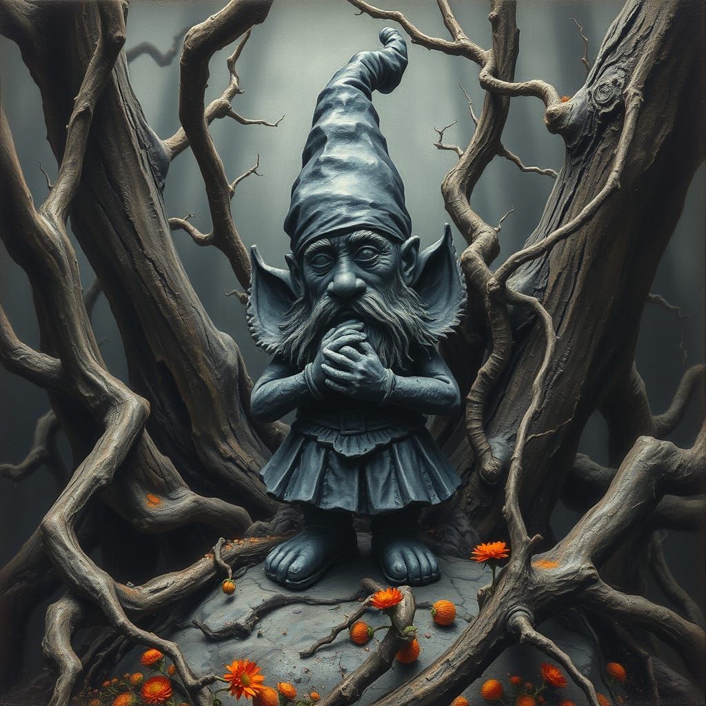 Ethereal Black Gnome Amidst Twisted Roots in Dark Fantasy St...