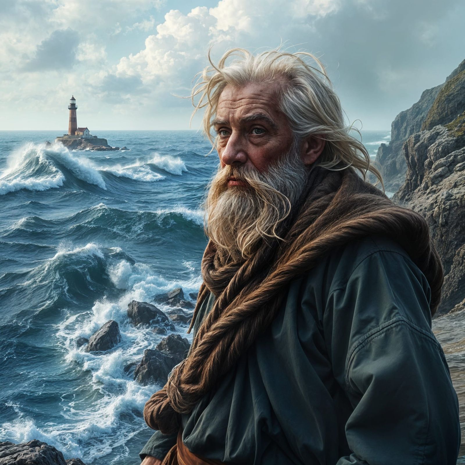 Weathered Sailor Gazing Out at Turbulent Seascape