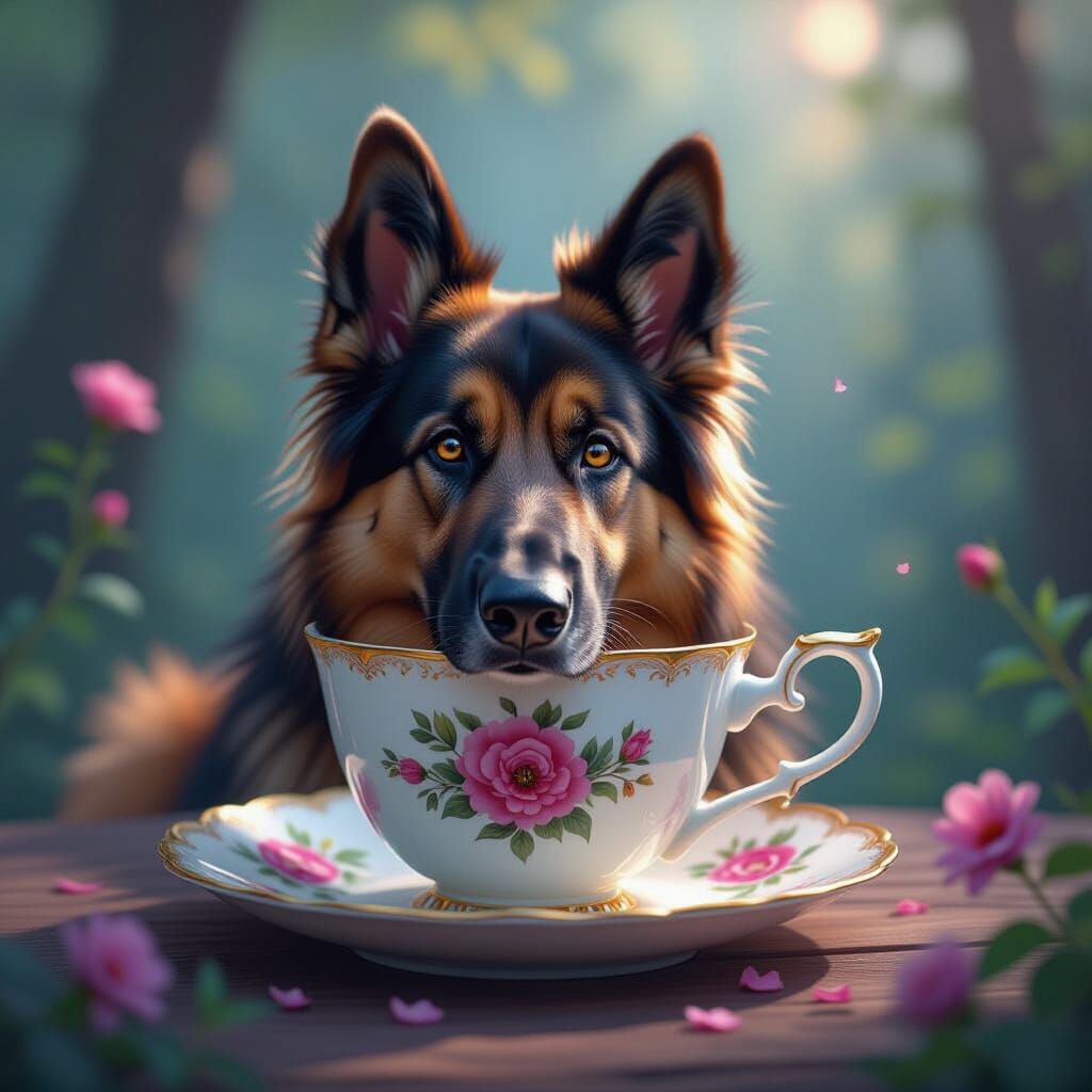 Majestic German Shepherd in Teacup Fantasy Art