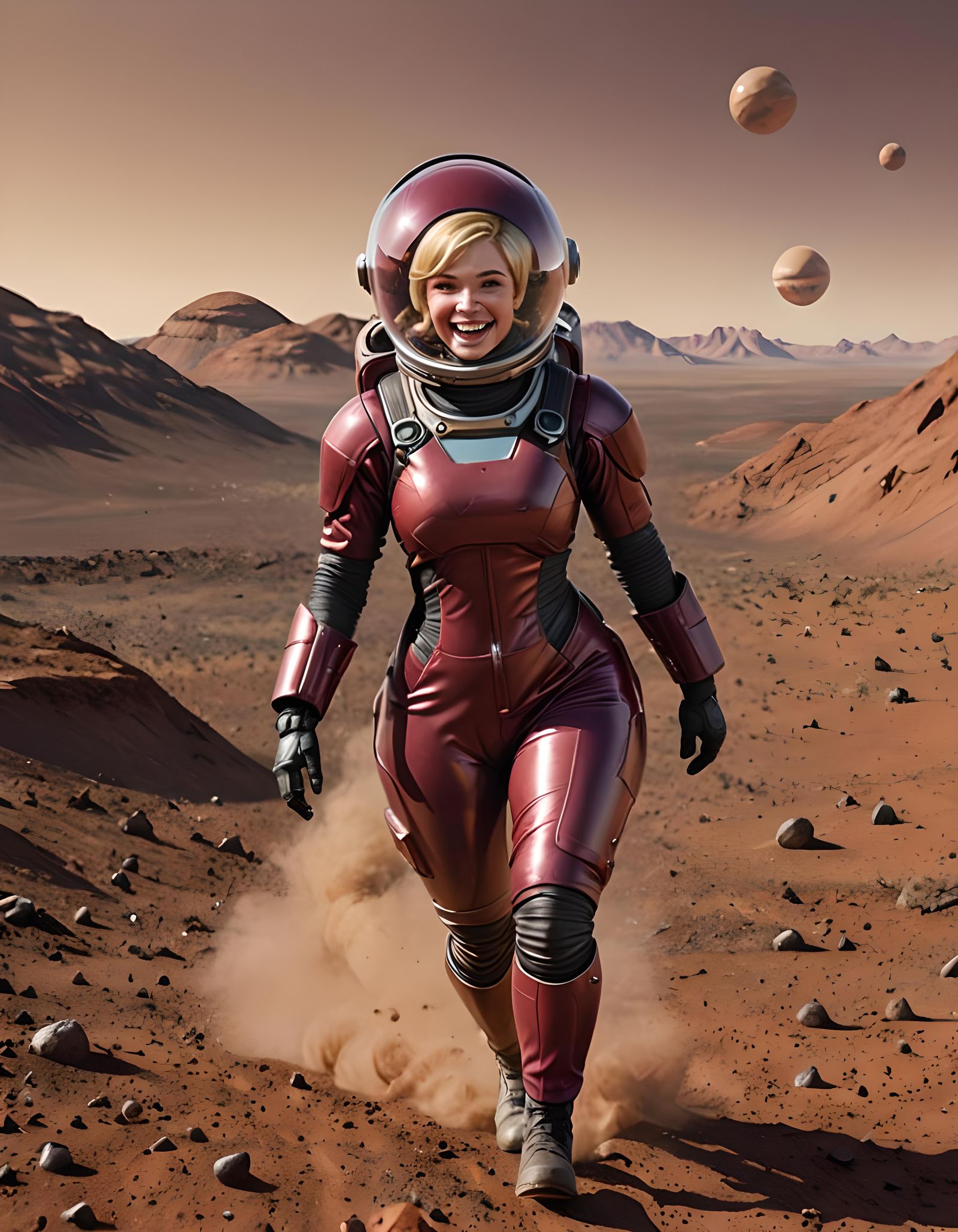 Burgundy Astronaut Exploring Mars with Eager Expression