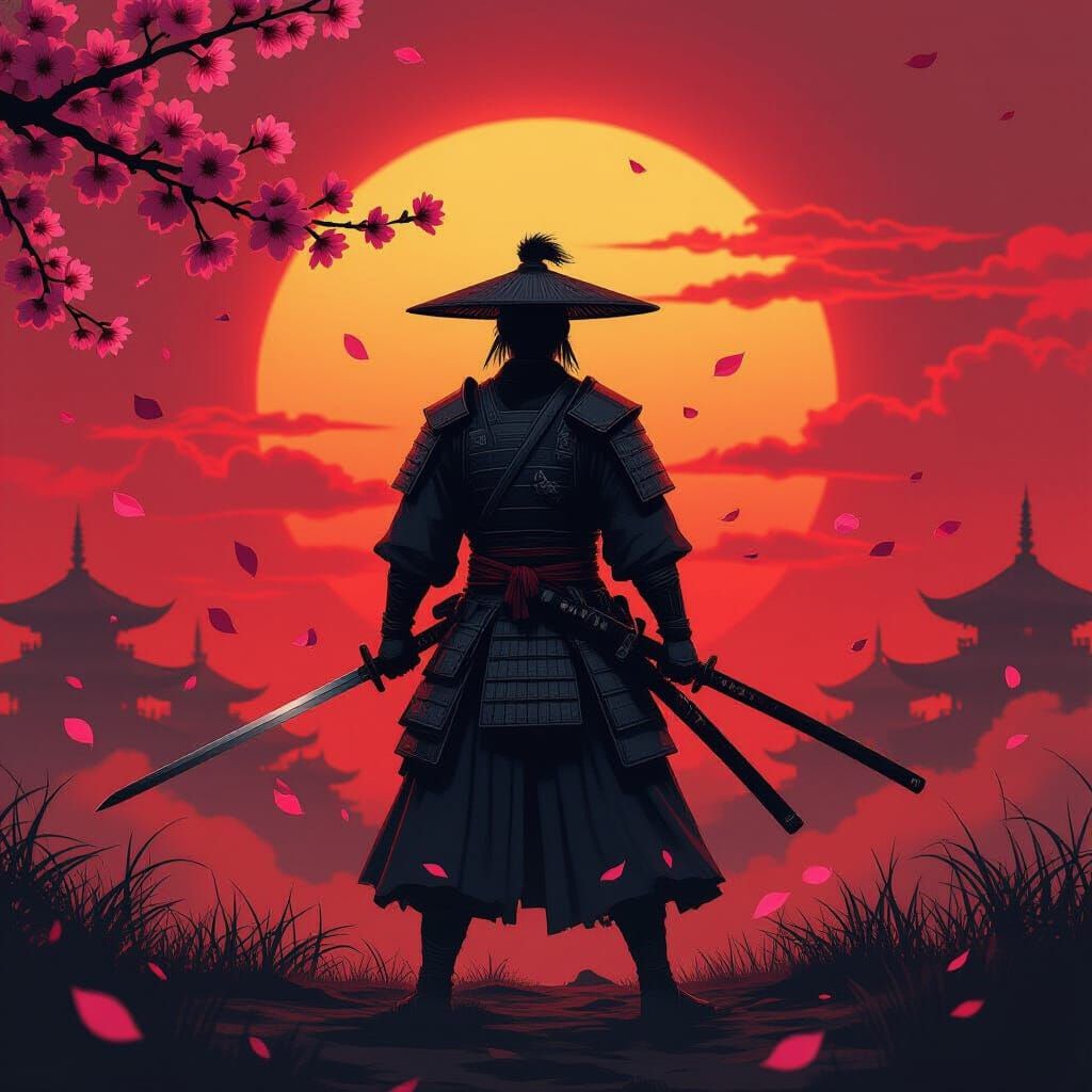 Samurai Silhouette Against Crimson Sunset: Digital Matte Pai...
