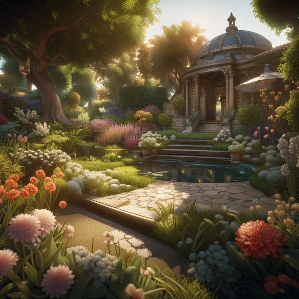 Surreal Fantasy Garden Scene in Photorealistic Style