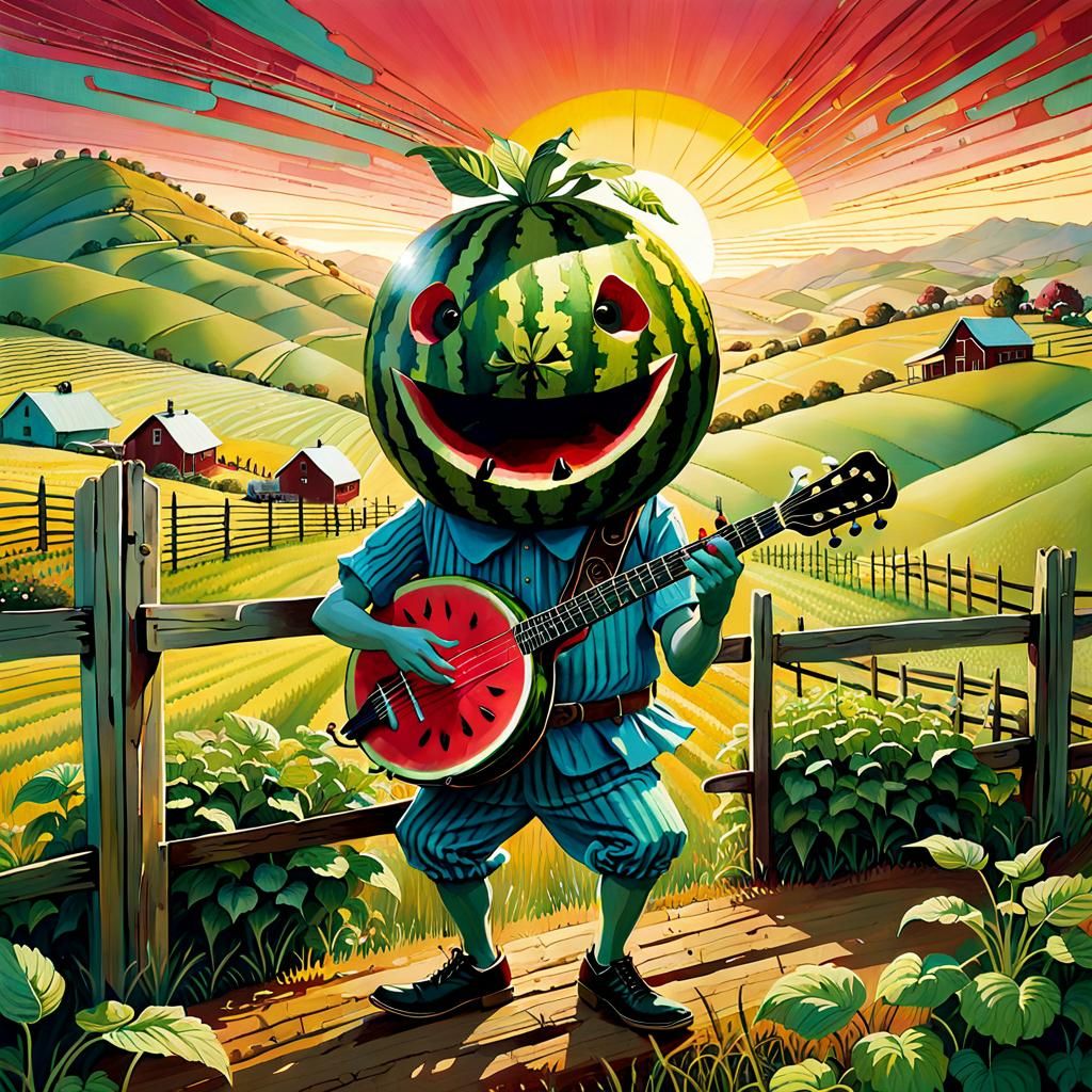 Whimsical Farm Sunrise with Anthropomorphic Watermelon Banjo...