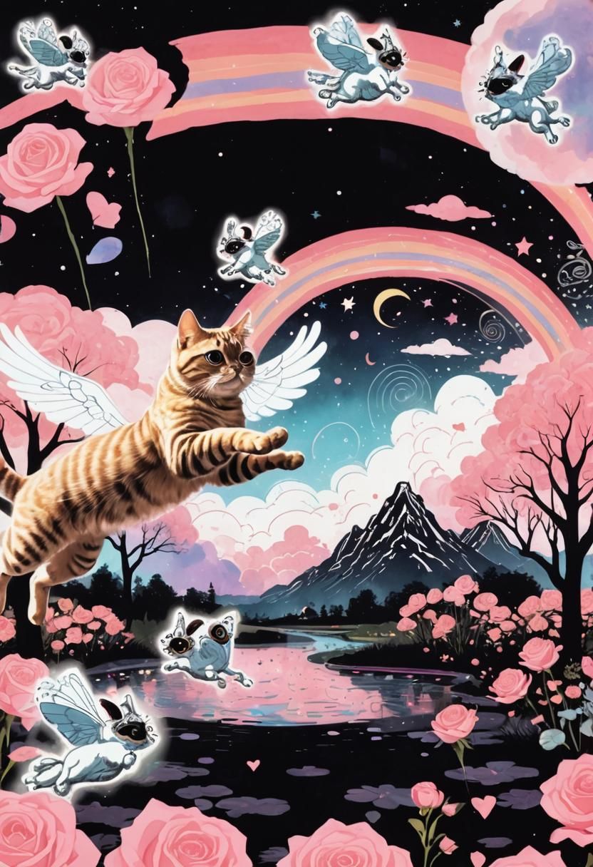 Mystical Cat Leaps in Ethereal Fantasy Garden with Alien Ros...