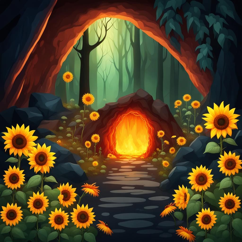 Sunflowers Bloom in a Fiery Fairy Forest Glade