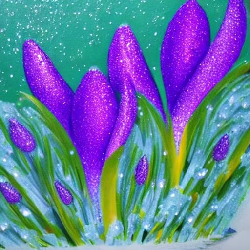 purple crocus flowers in melting snow, under the moon