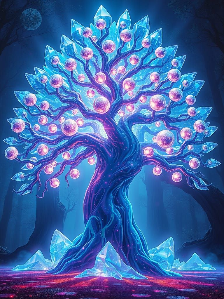 Surreal Crystal Tree Radiates Neon Glow in Enchanted Sanctua...