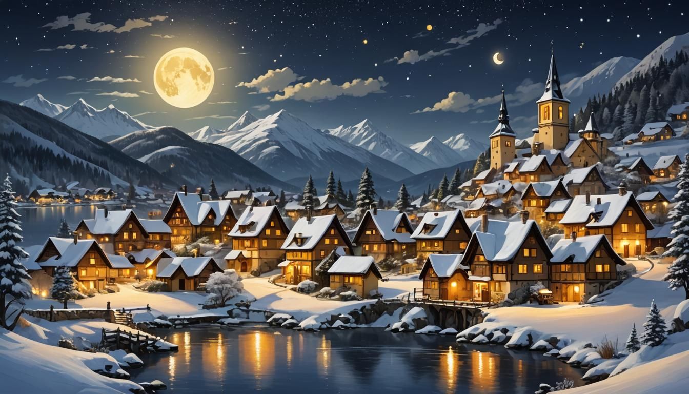 Whimsical Hillside Village under a Vibrant Pink Moon