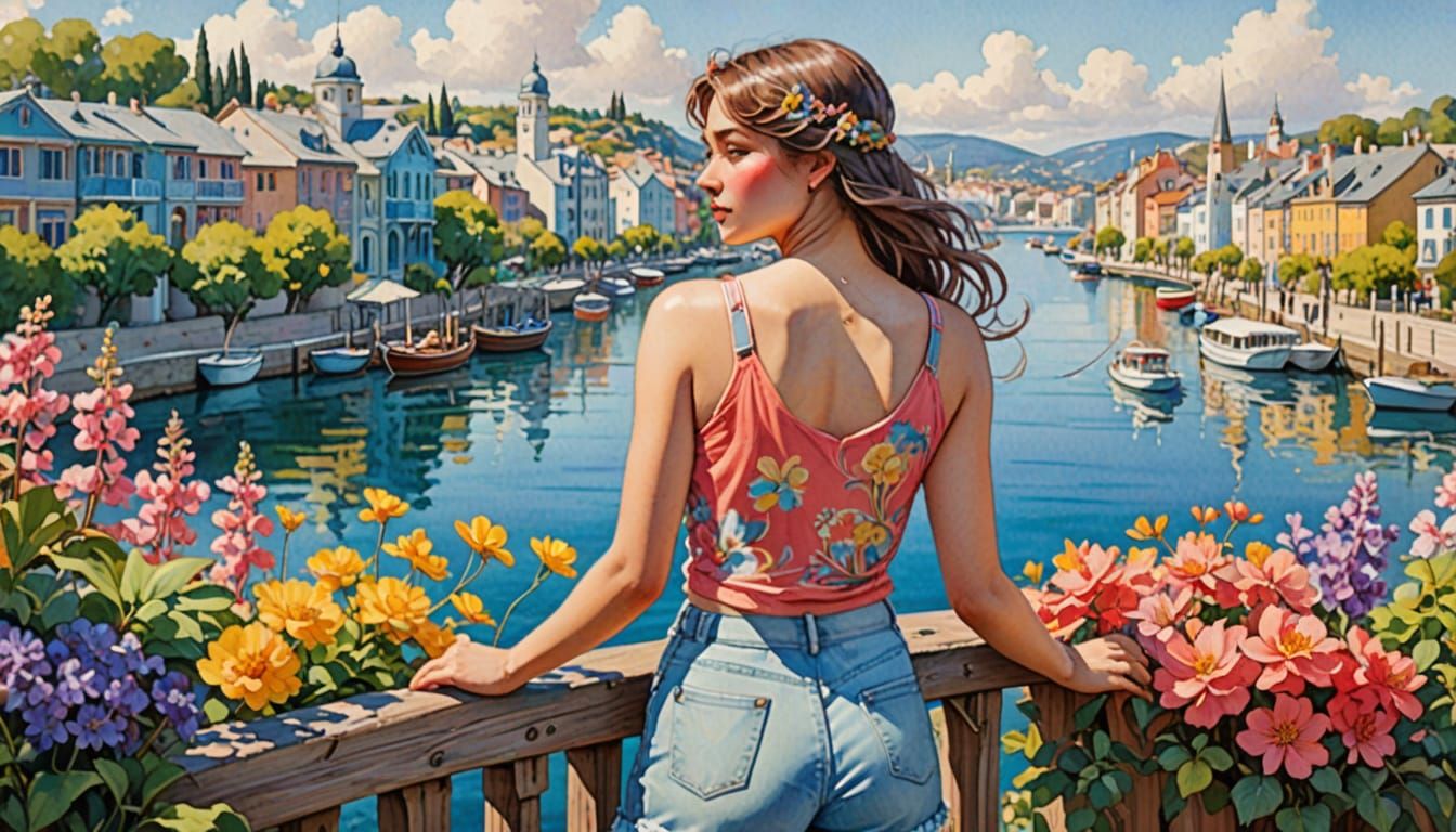 Sensual Art Nouveau Watercolor Masterpiece with Vibrant Colo...