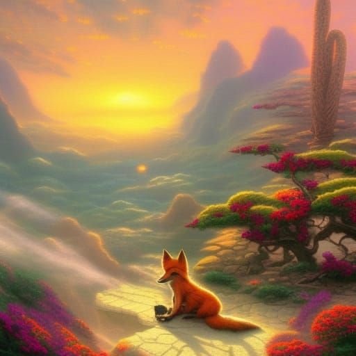 Ethereal Fantasy Desert Sunrise with a Fox Spirit in Whimsic...