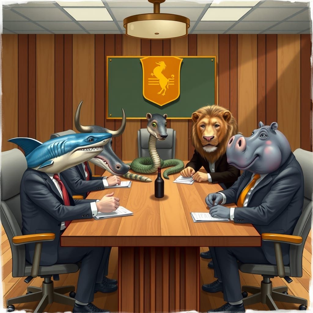 Anthropomorphic Animals in Business Suits Gather Around Boar...