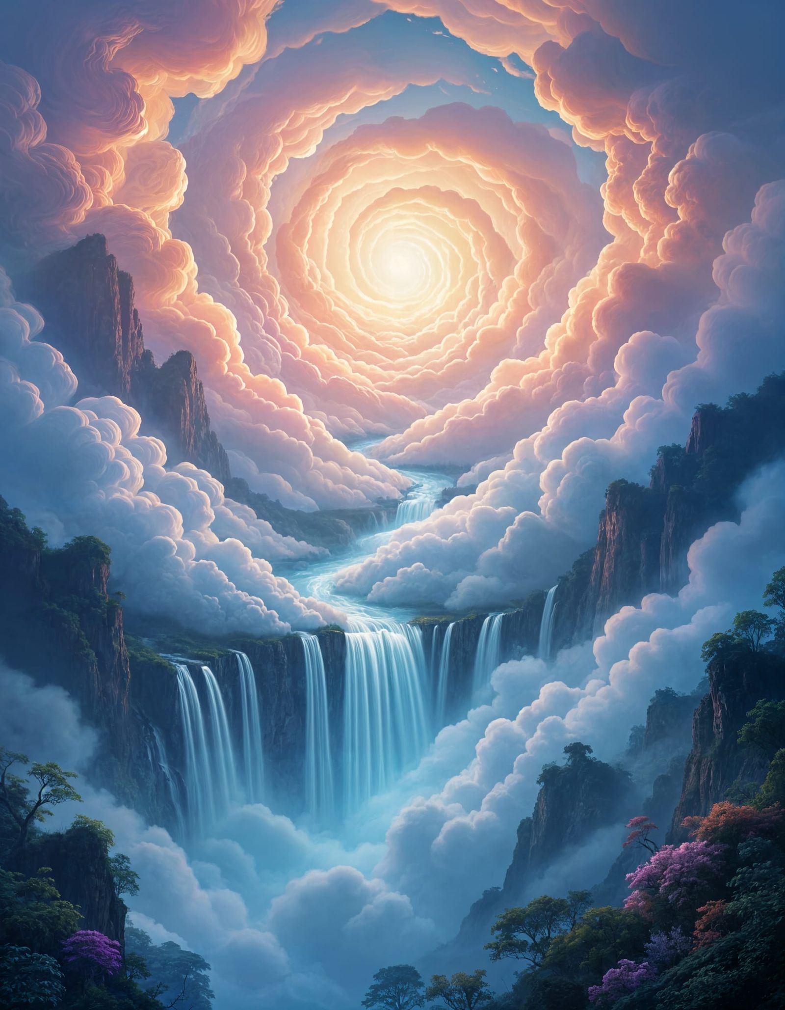 Surreal Magical Waterfall Landscape with Spiral Gateway