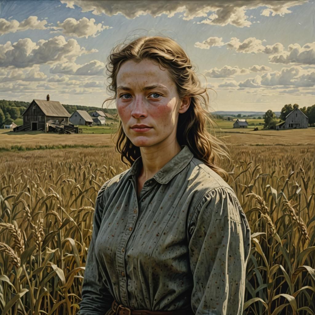 Tall Woman in Farm Field, a Moody Portrait in Egg Tempera St...